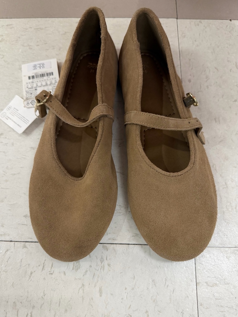ZARA Leather Mary Jane Ballet Flats – Suede Beige – Size EU 38 / US 7.5